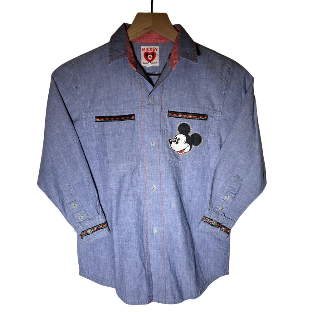 Vintage Mickey Mouse Disney Cotton Chambray Button‎ Down Shirt, Kids Size 10